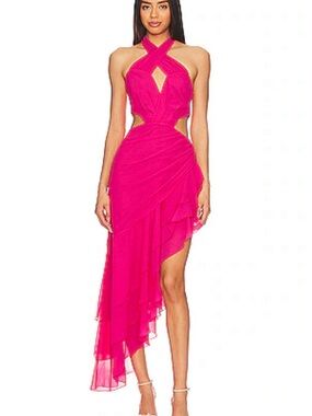 NBD Hot Pink Crisscross Halter High-Low Ruffle Dress